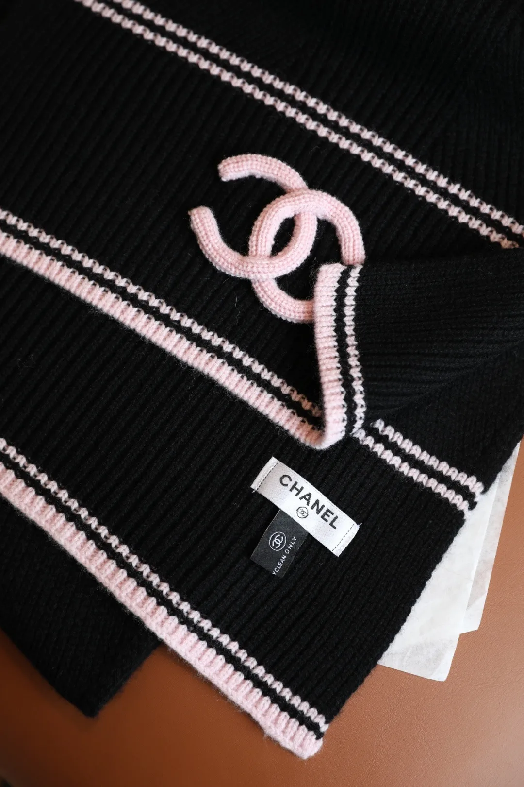 Chanel Wool Cashmere Striped Scarf in Black · view 8