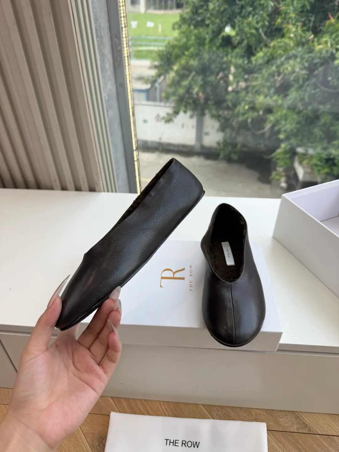 The Row Cowhide Smooth Square-Toe Slip-On Flats in Black · view 7