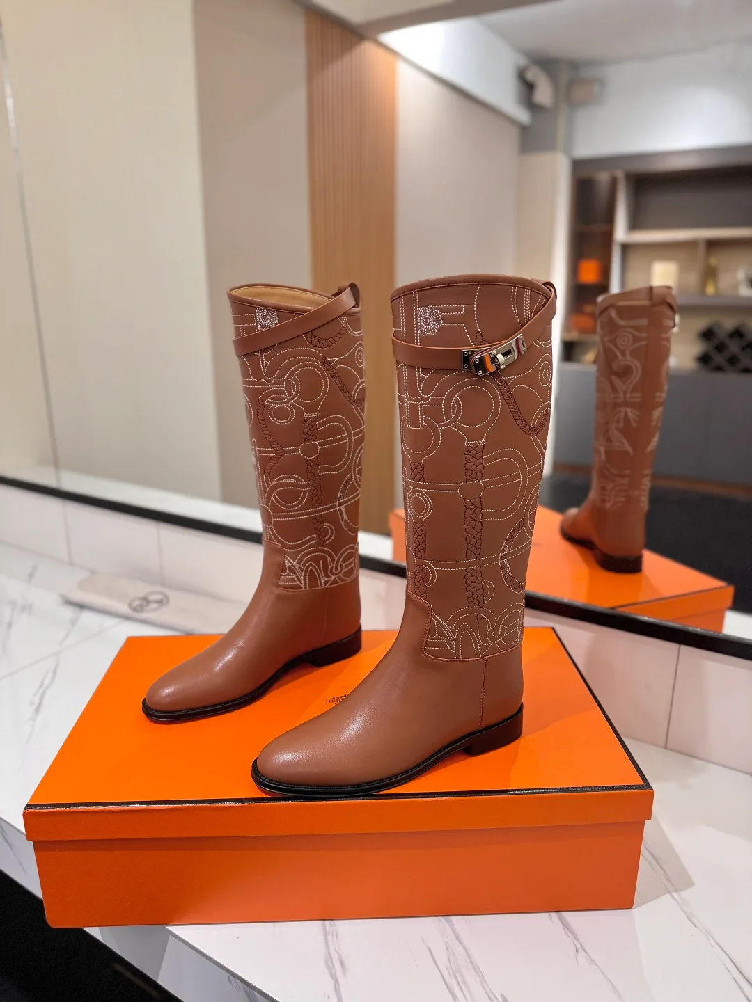 Hermes Cowhide Boots in Brown · view 2