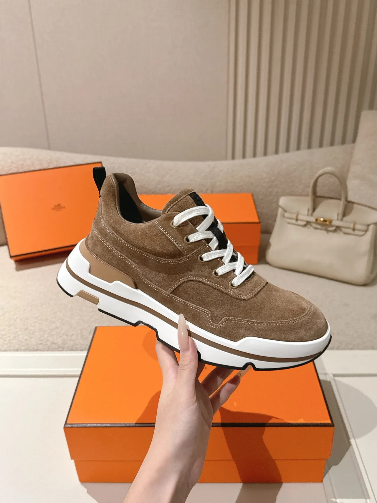 Hermes Calfskin Suede-Look Sneakers in Brown · view 5