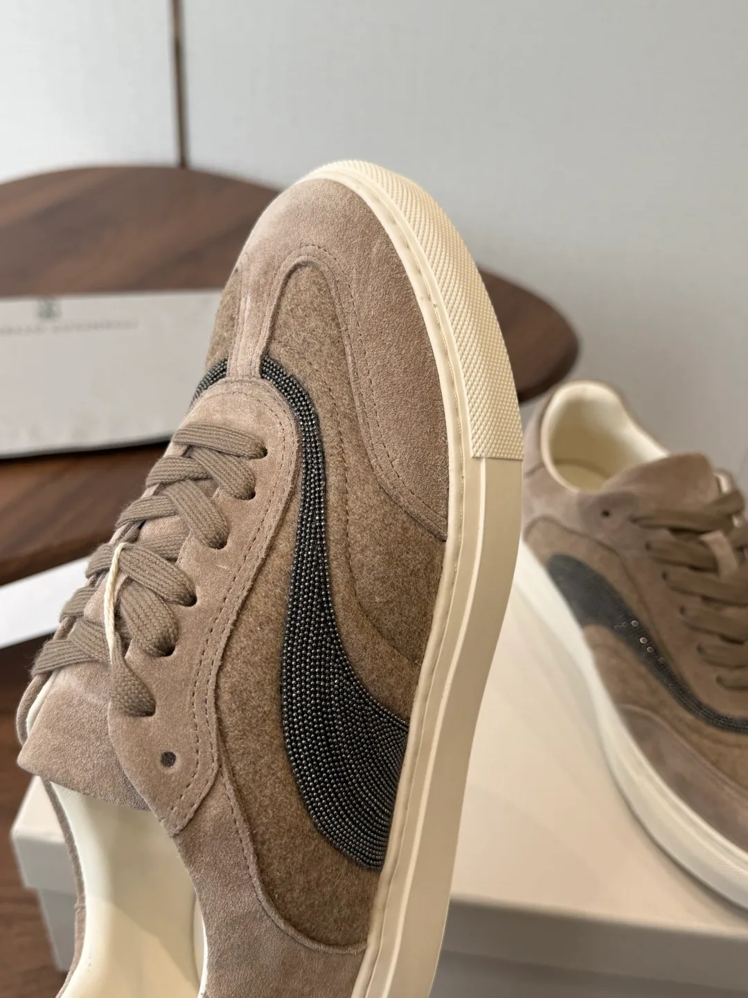 Brunello Cucinelli Cowhide Suede Panelled Lace-Up Sneakers in Grey · view 6