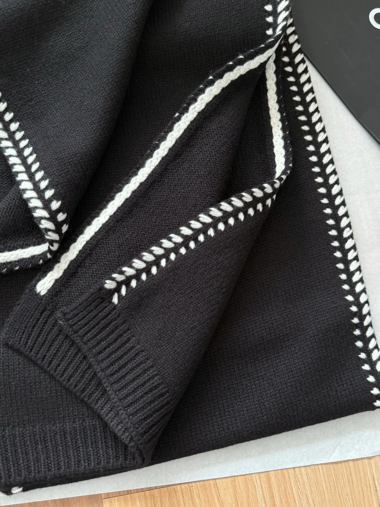 Chanel Contrast-Stitch Fringed Scarf in Black & White · view 7
