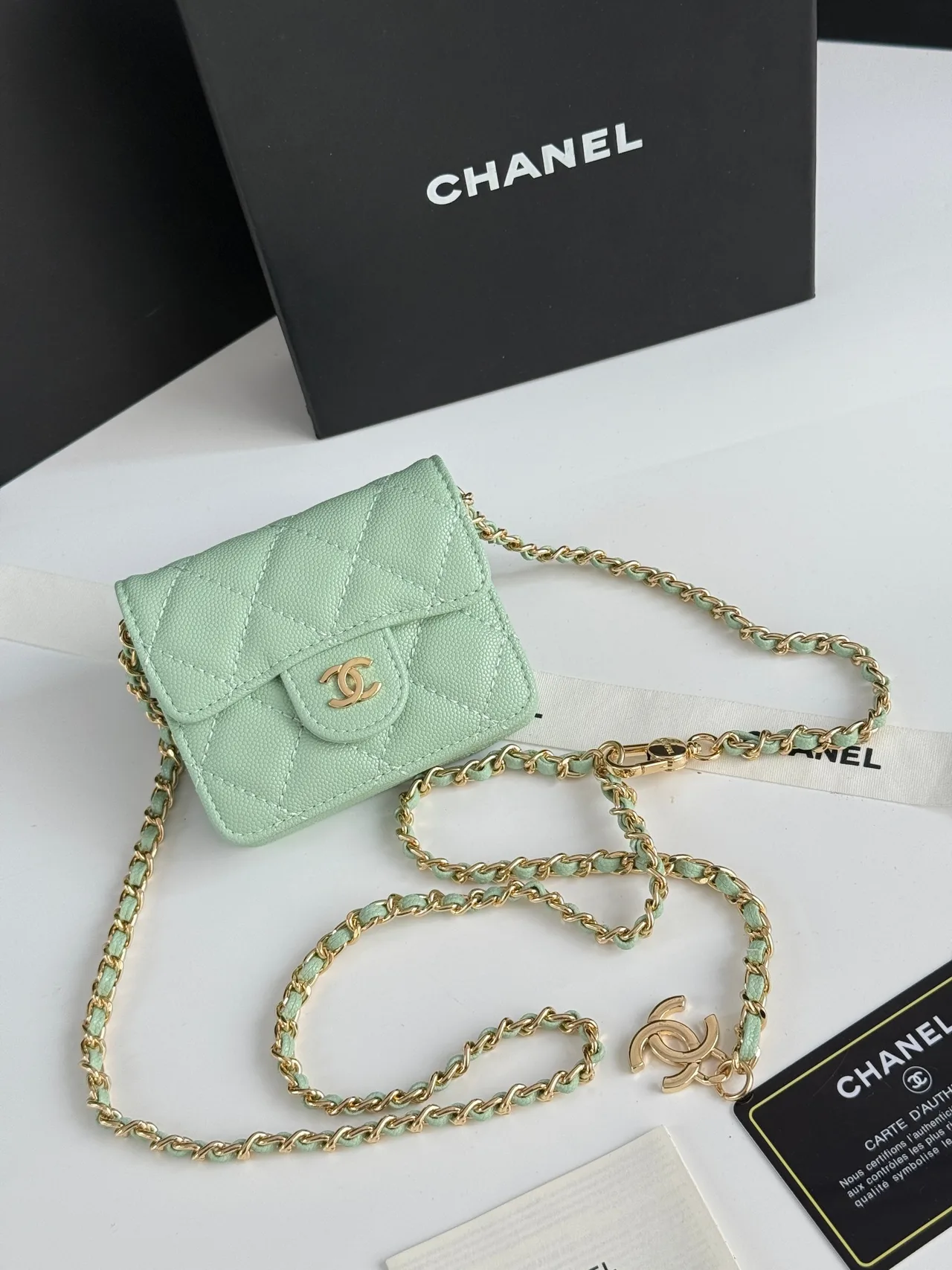Chanel Quilted Chain Mini Wallet in Green · view 3
