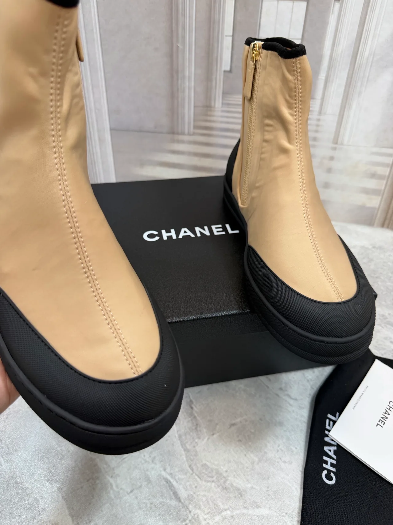 Chanel Cowhide Glossy Ankle Boots in Beige · view 7