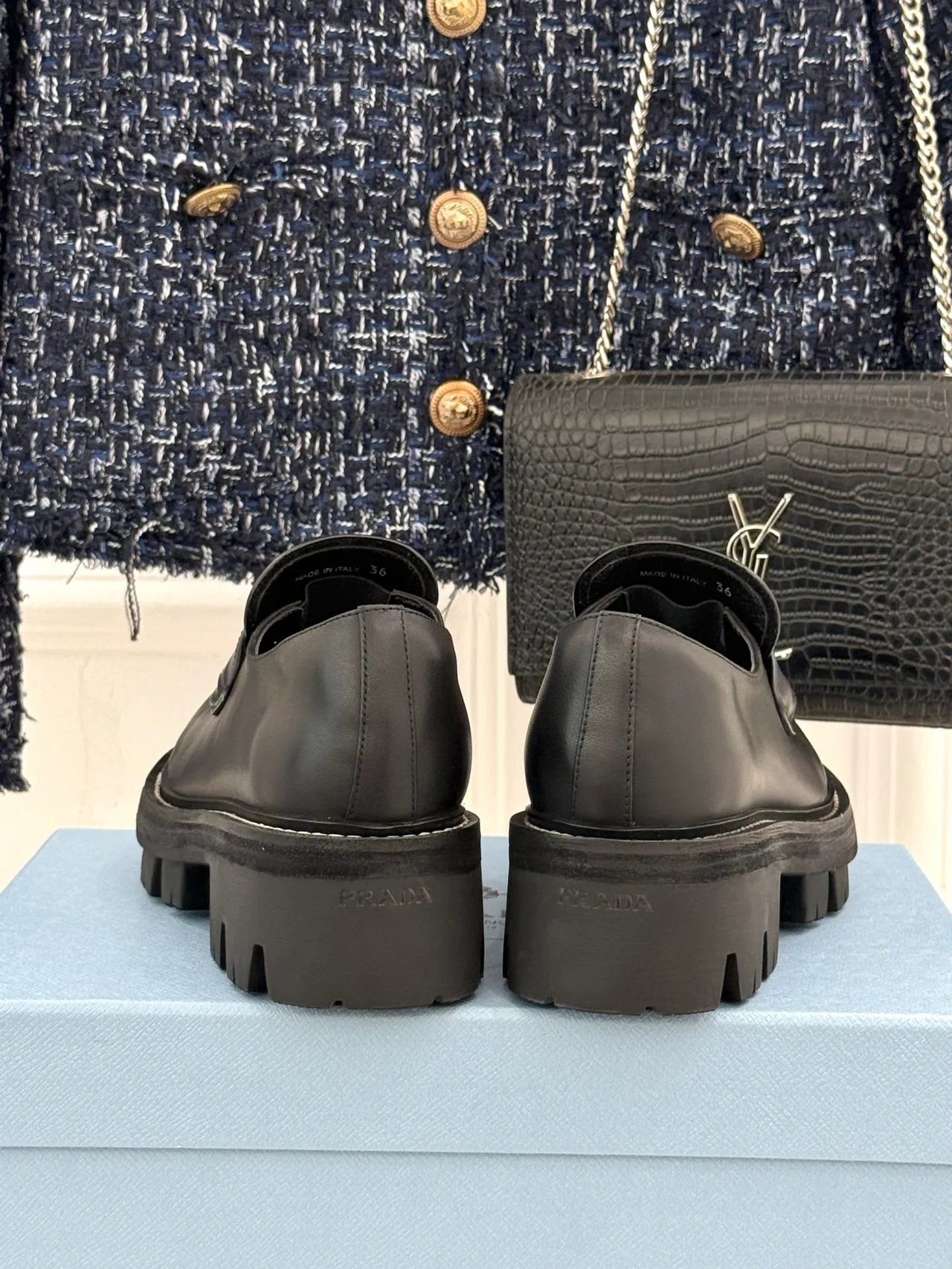 Prada Cowhide Denim Smooth Loafers in Black · view 6
