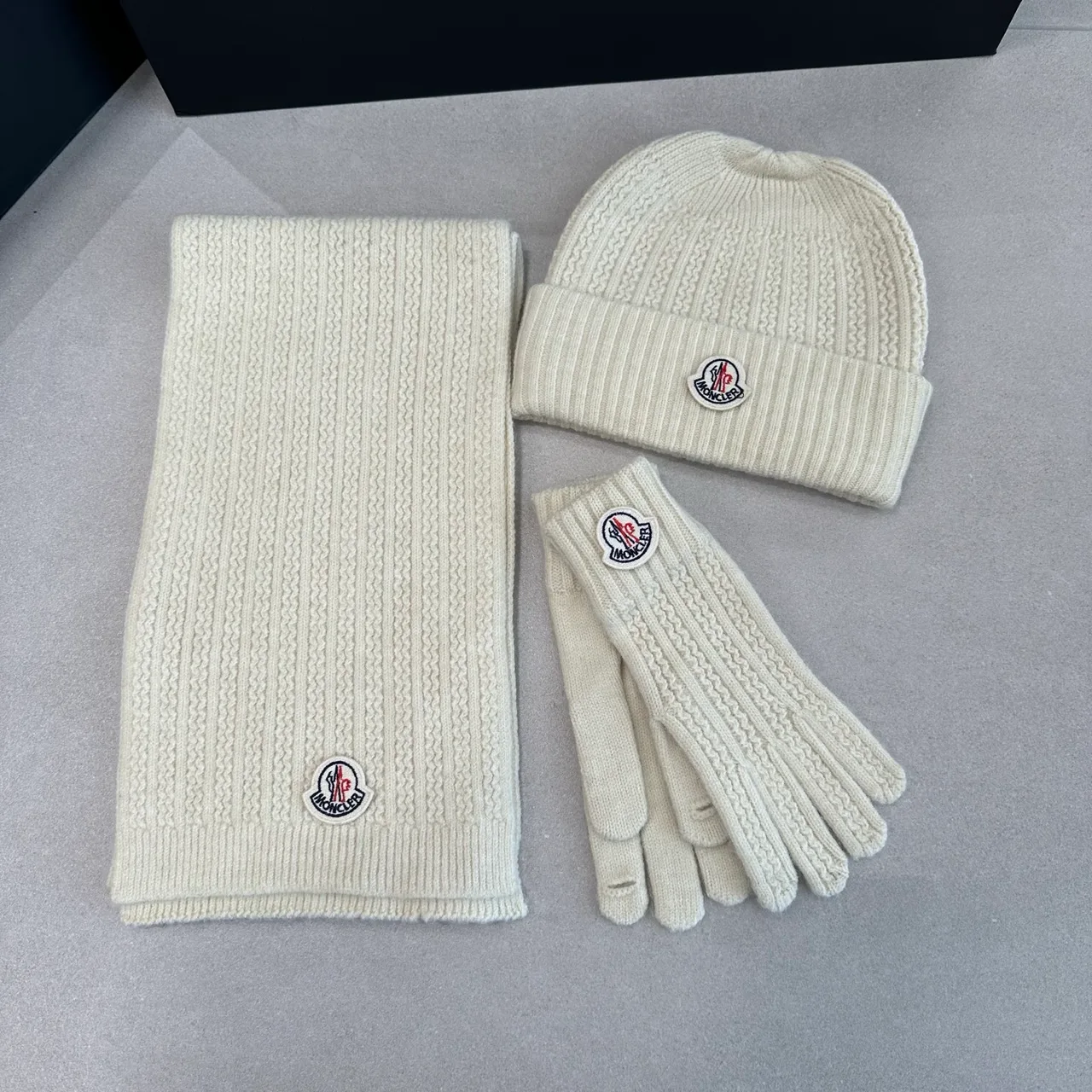 Moncler Hat, Scarf and Gloves Set in Red & Black & White & Grey & Beige · view 3
