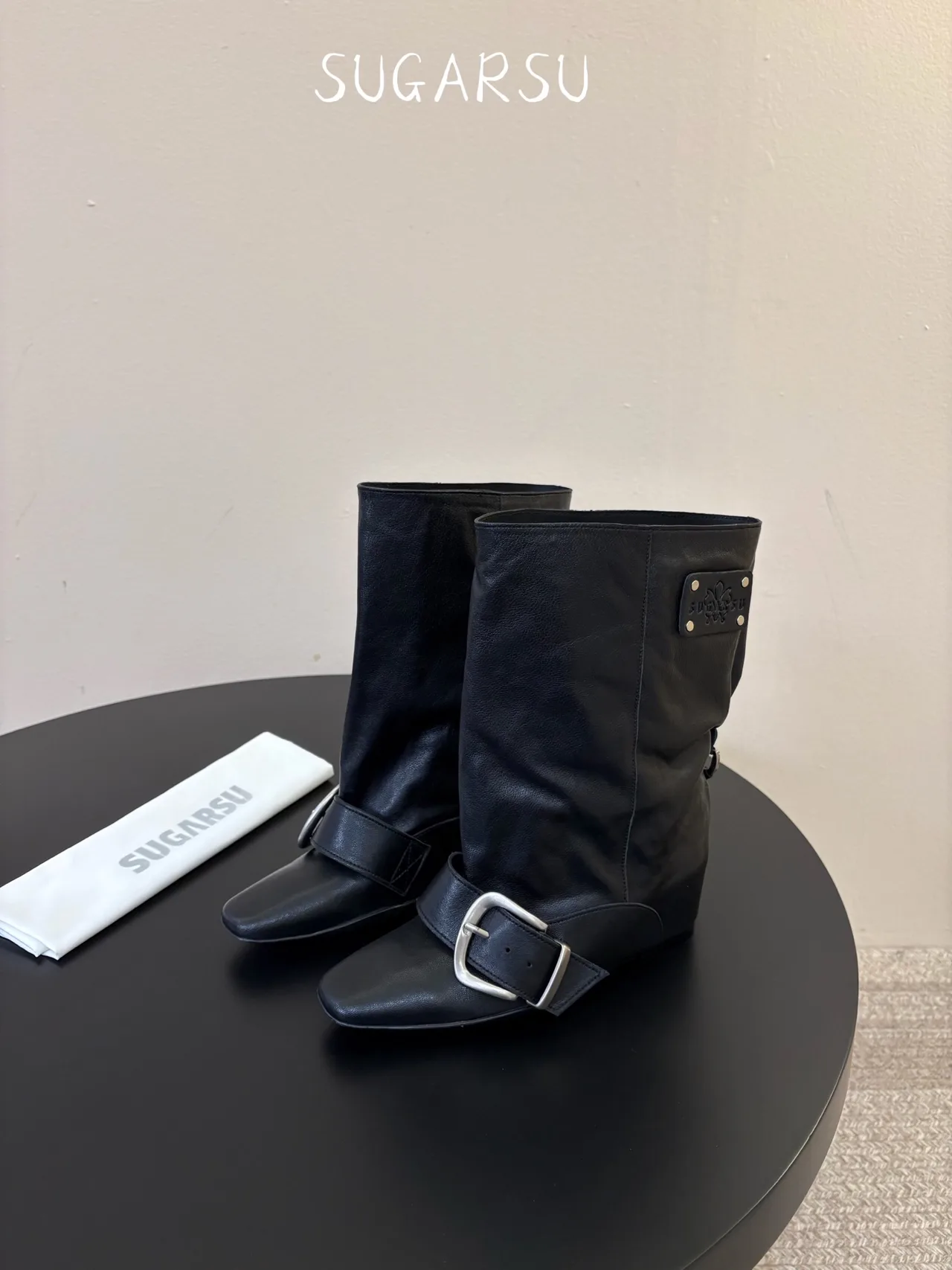 Sugar Su Sheepskin Glossy Square-Toe Boots in Black · view 5