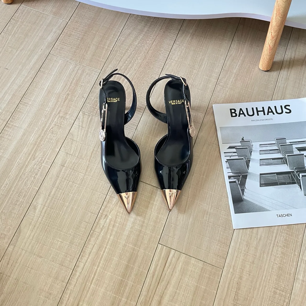 Versace Sheepskin Glossy Pointed-Toe Pointed Slingback Pumps in Black · view 1