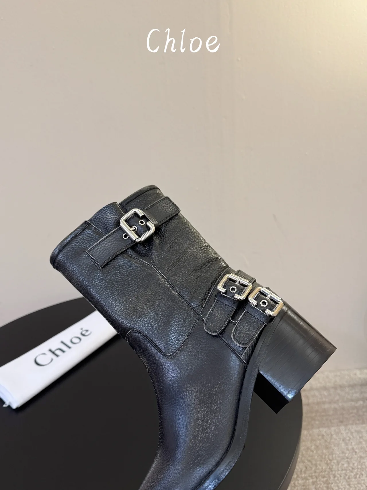 Chloe Cowhide Glossy Round-Toe Ankle Boots in Black · view 6