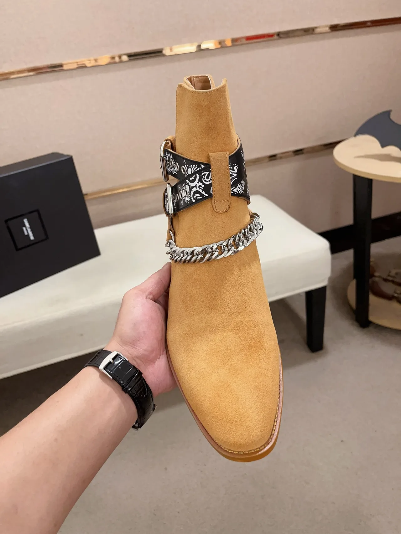 AMIRI Cowhide Suede-Look Pointed-Toe Bandana Strap Ankle Boots in Brown · view 2