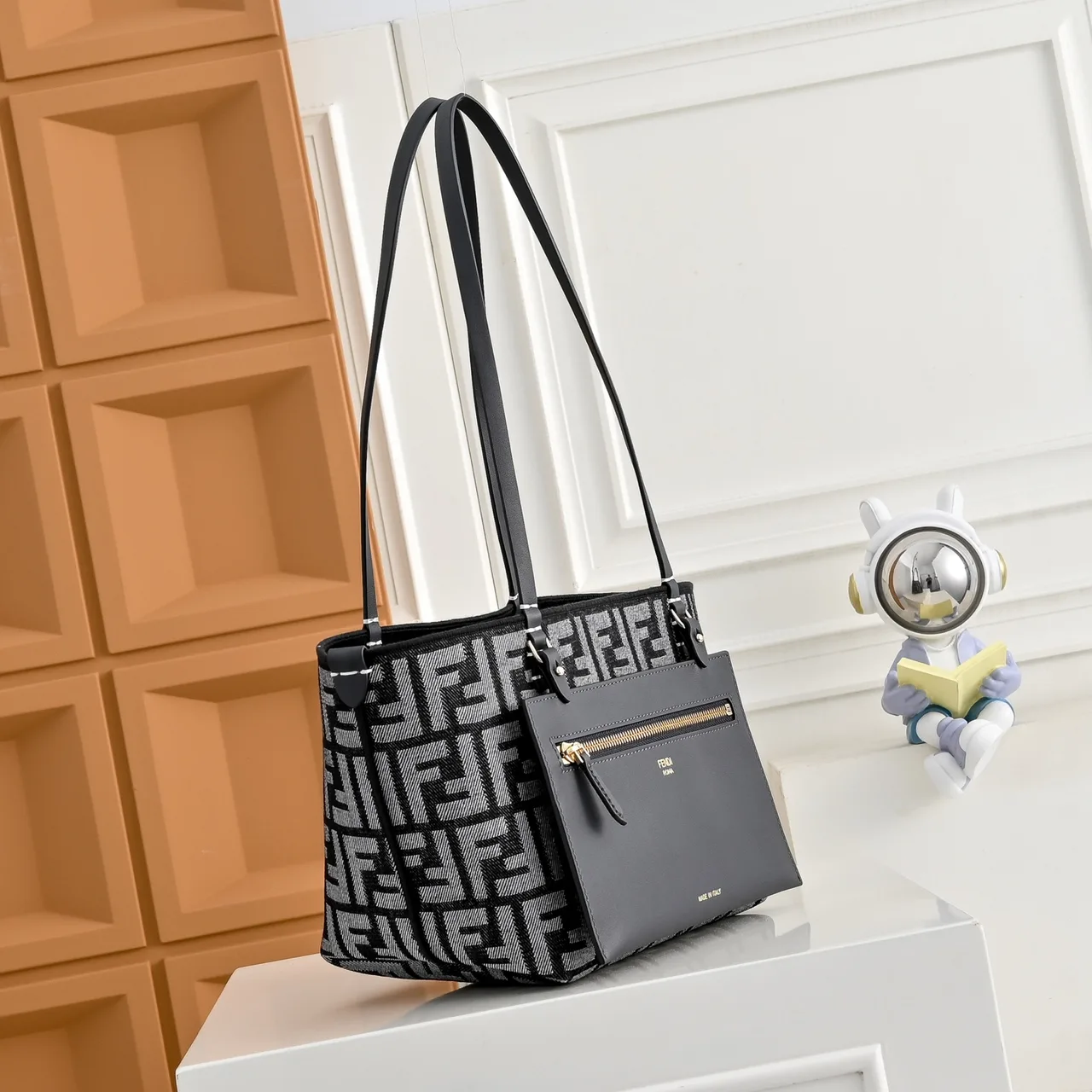 Fendi FF Monogram Front-Pocket Shopper Tote in Black · view 4