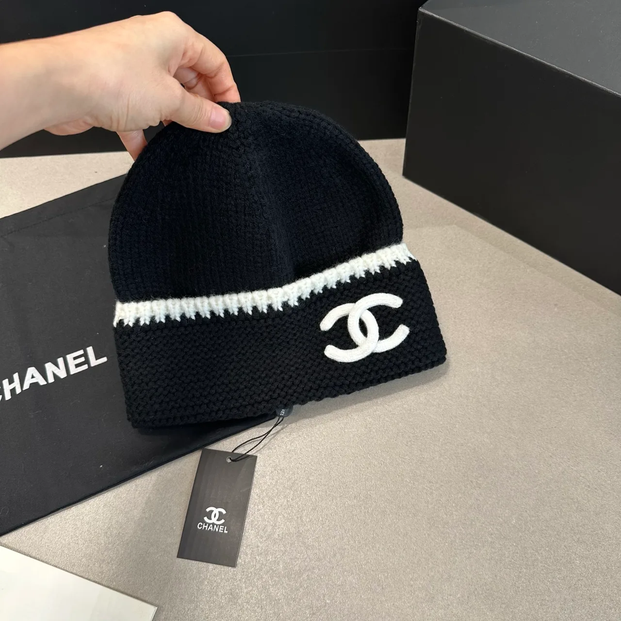 Chanel Contrast-Stripe CC Beanie in White / Black · view 3