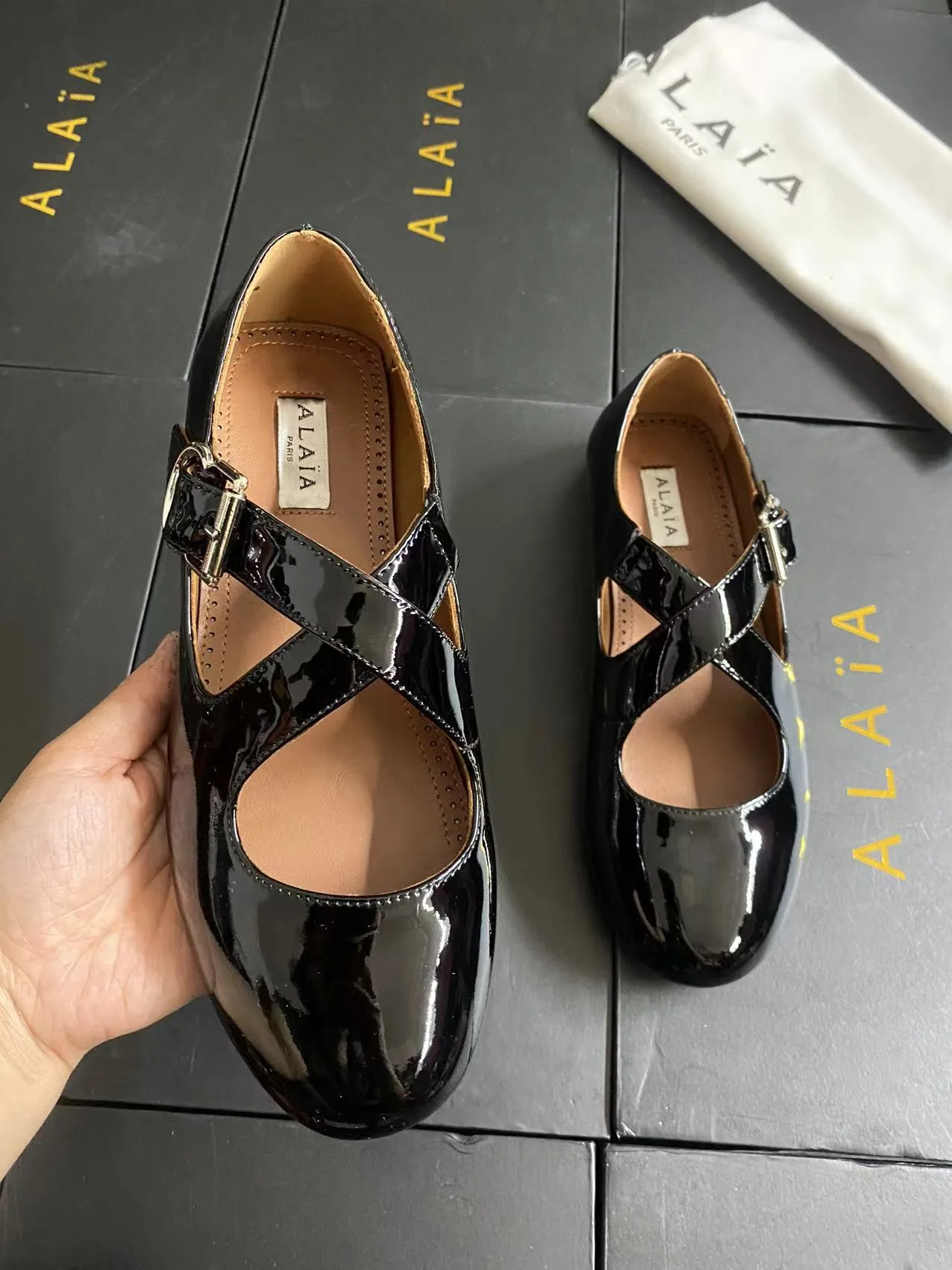 Alaia Cowhide Sheepskin Glossy Square-Toe Mary Jane Flats in Black · view 7