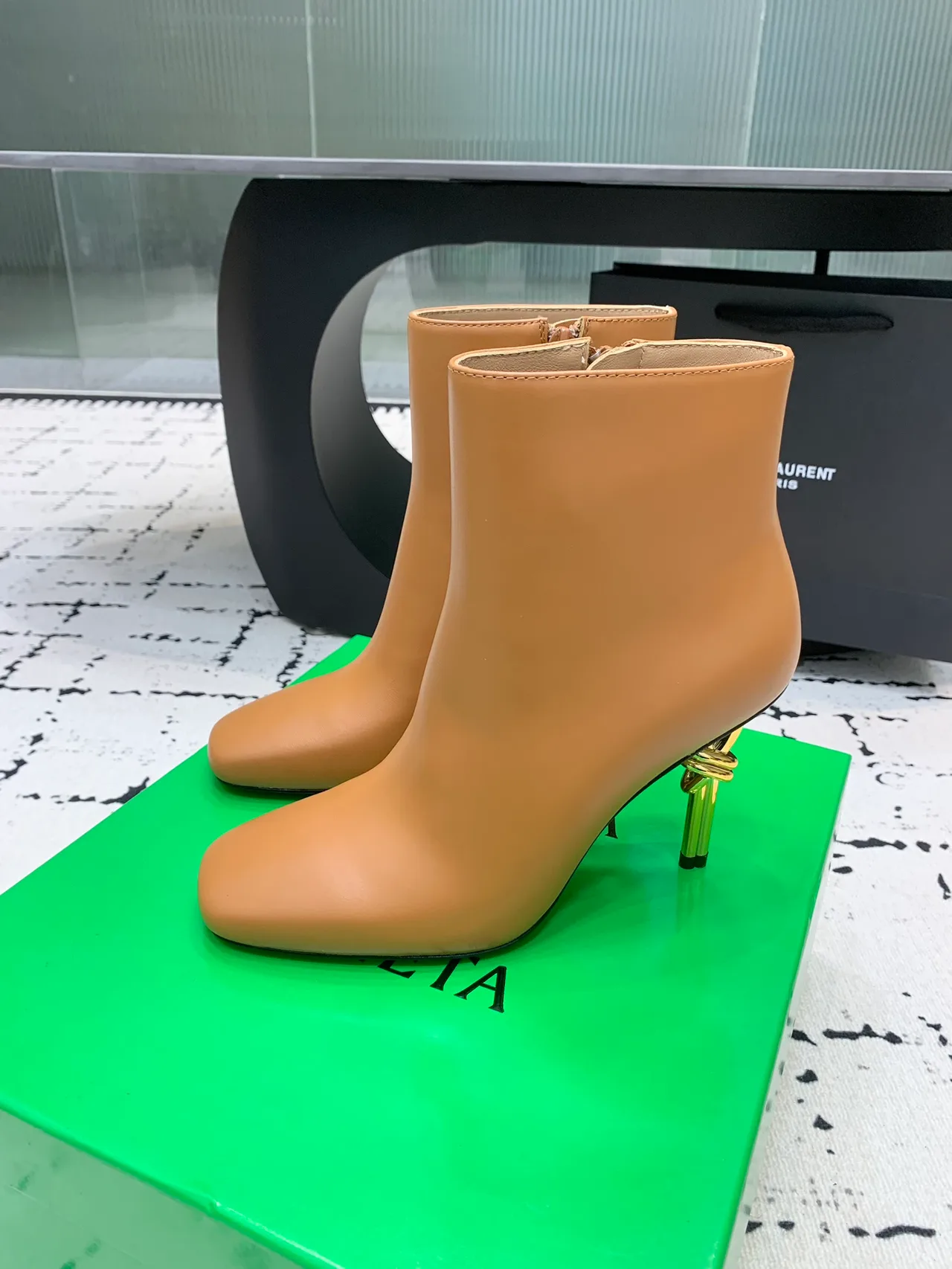 Calfskin Smooth Sculptural-Heel Ankle Boots in Brown · view 3