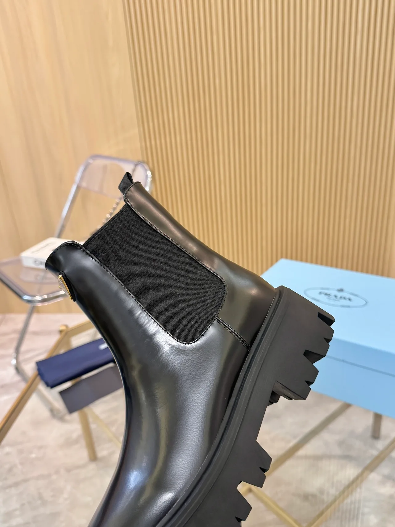 Prada Glossy Chelsea Boots in Black · view 8