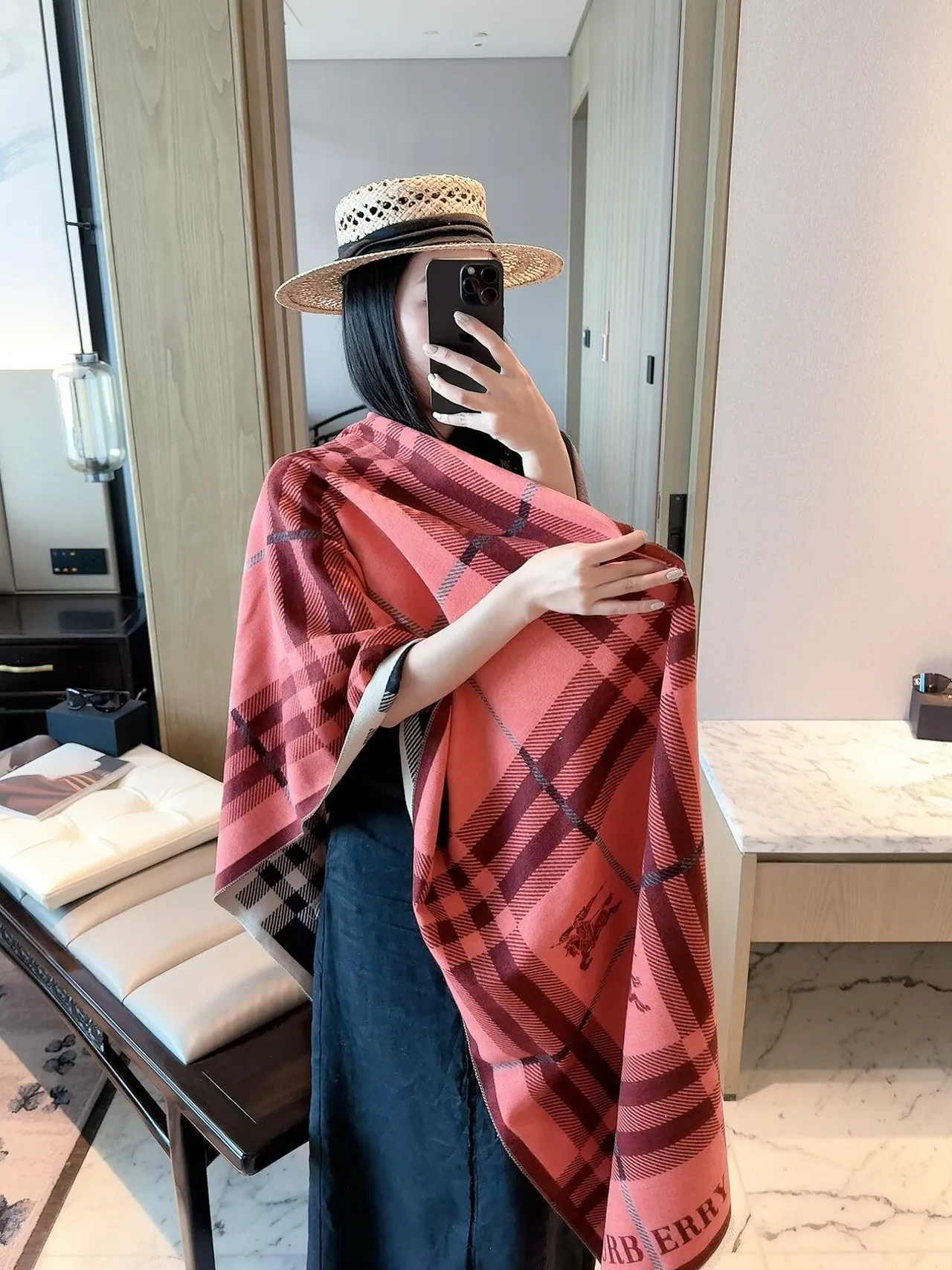 Burberry Check Equestrian Shawl in Beige & Red & Black · view 2