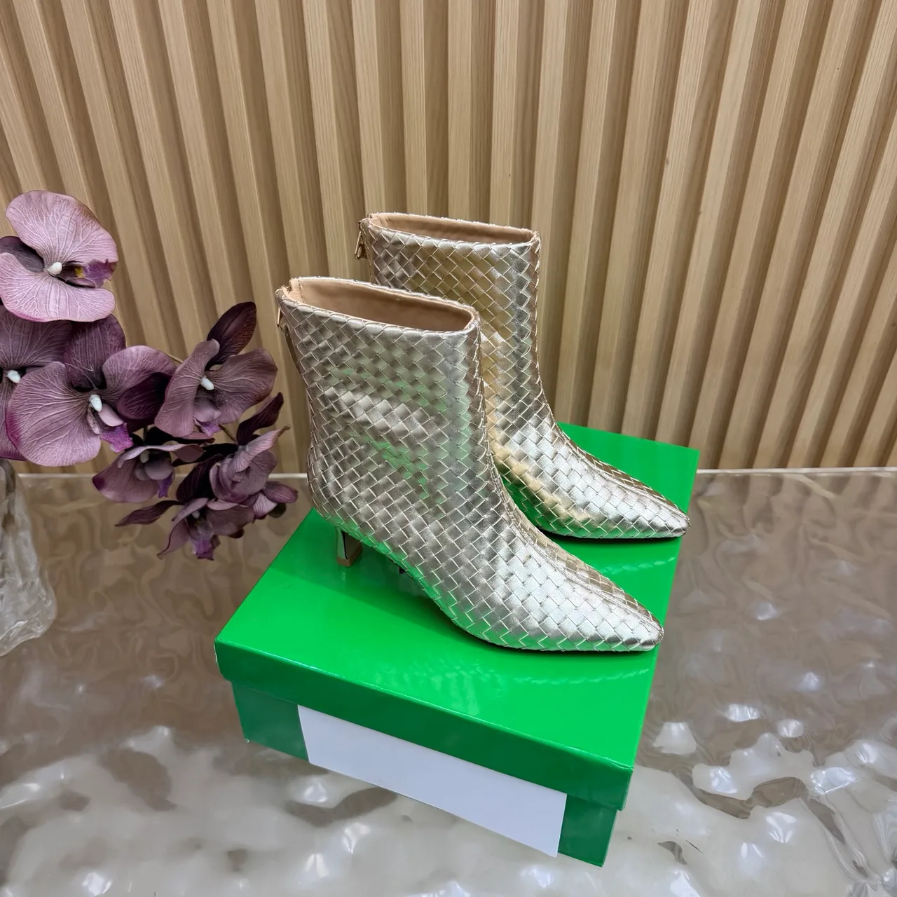 Bottega Veneta Woven Pointed-Toe Ankle Boots in Gold · view 1