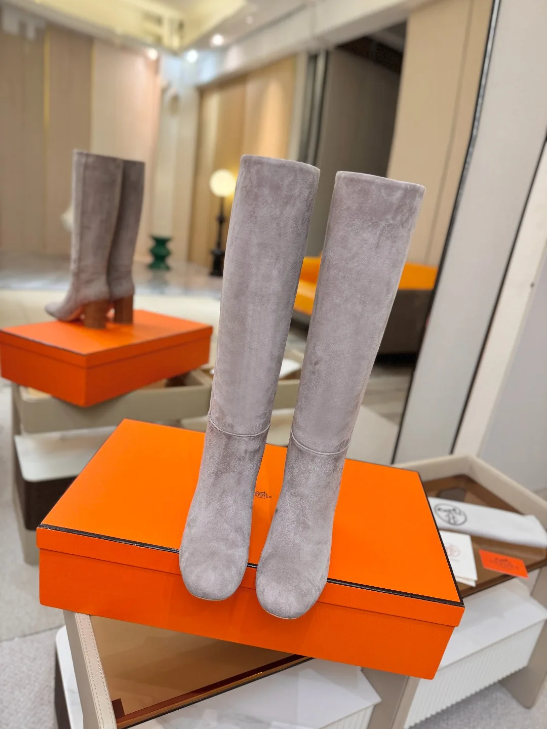 Hermes Cowhide Knee-High Boots in Grey · view 4