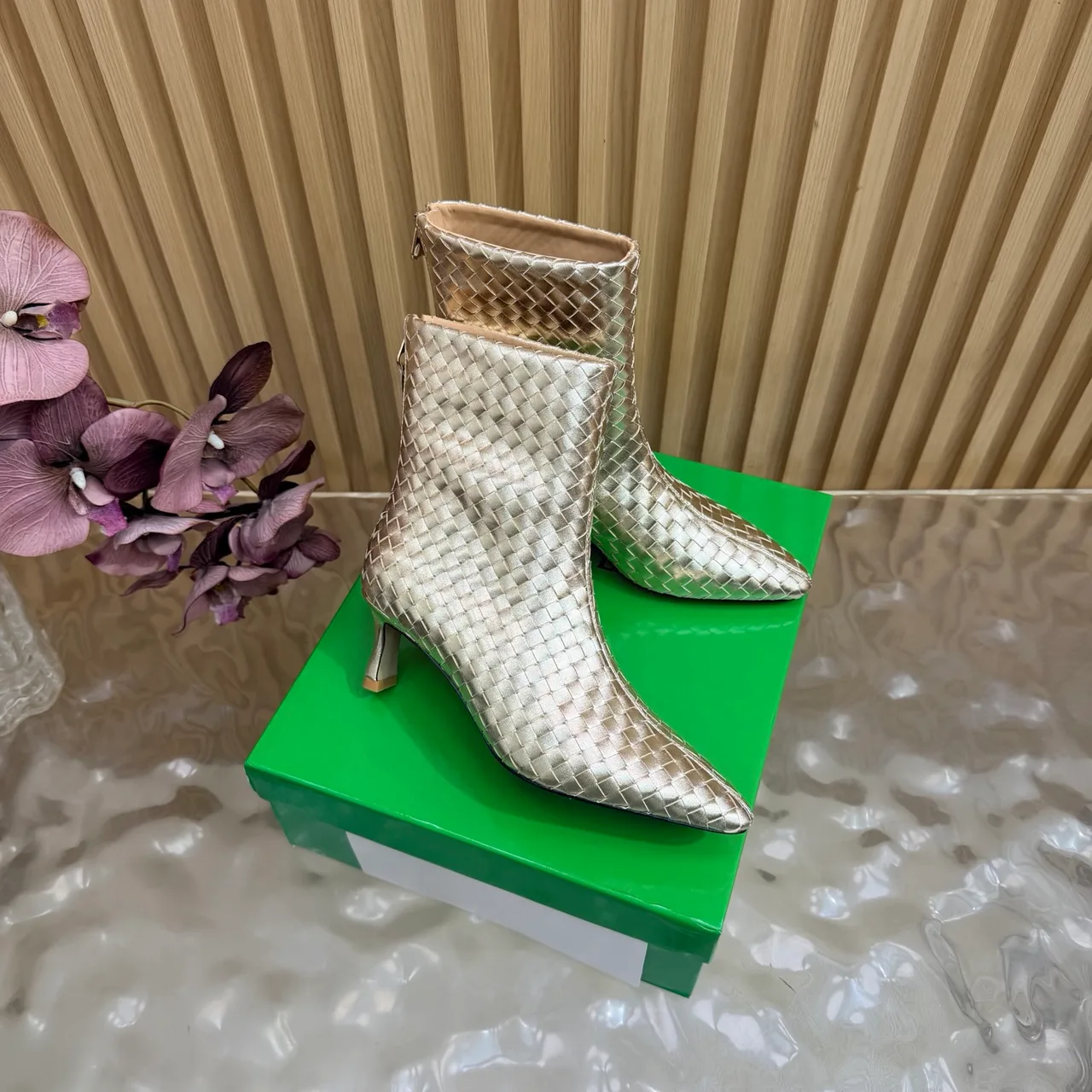 Bottega Veneta Woven Pointed-Toe Ankle Boots in Gold · view 2