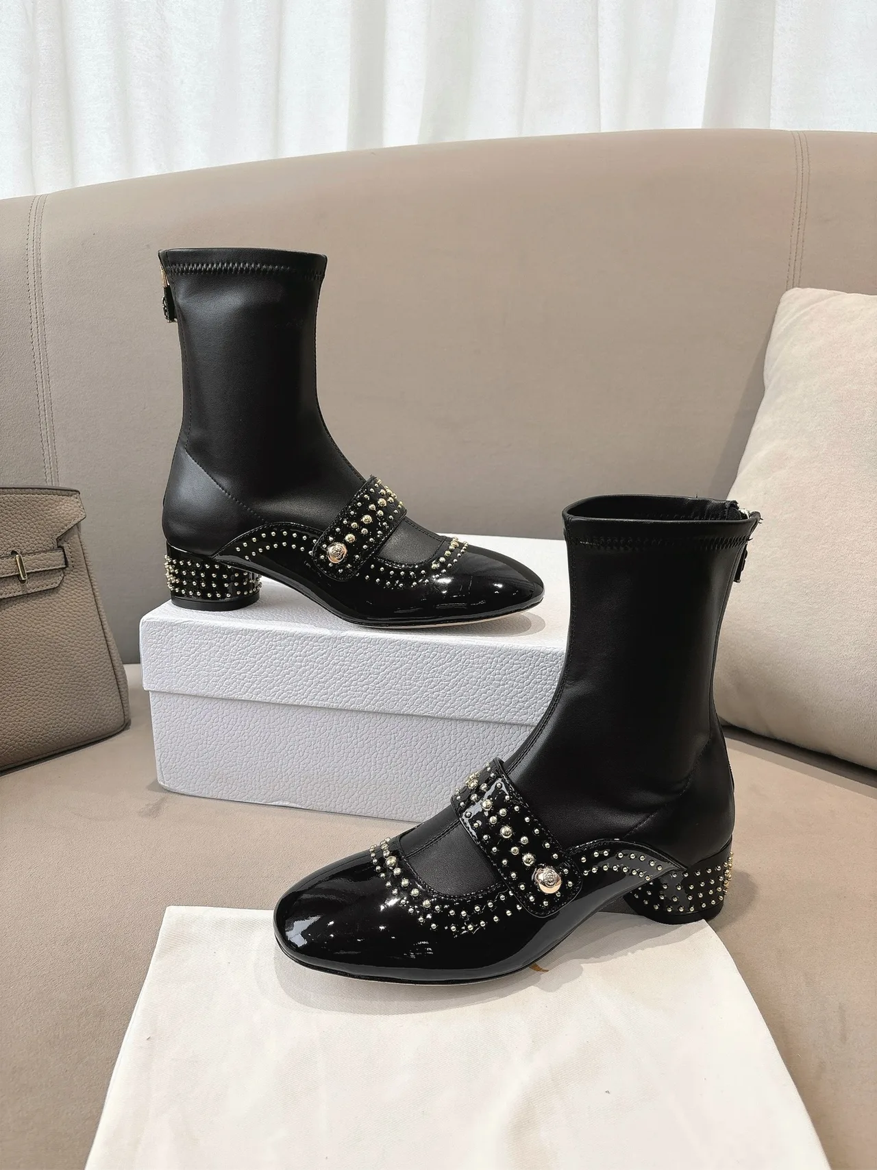 Dior Sheepskin Patent Leather Glossy Square-Toe Ankle Boots in Black · view 4