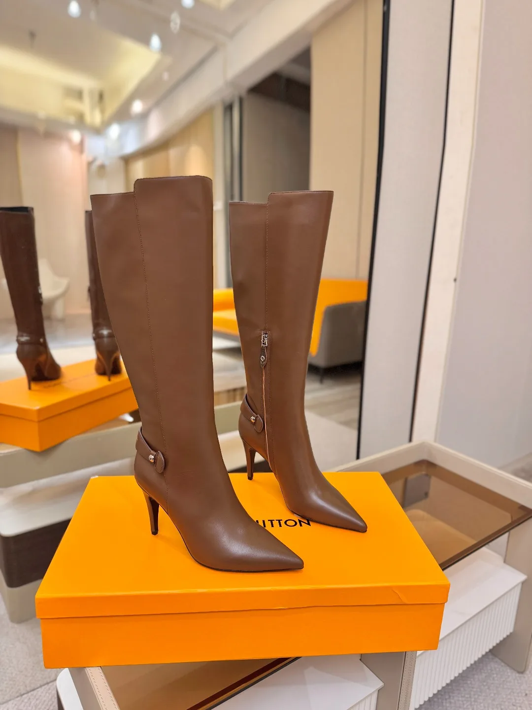 Louis Vuitton Calfskin Knee-High Stiletto Boots in Brown · view 2