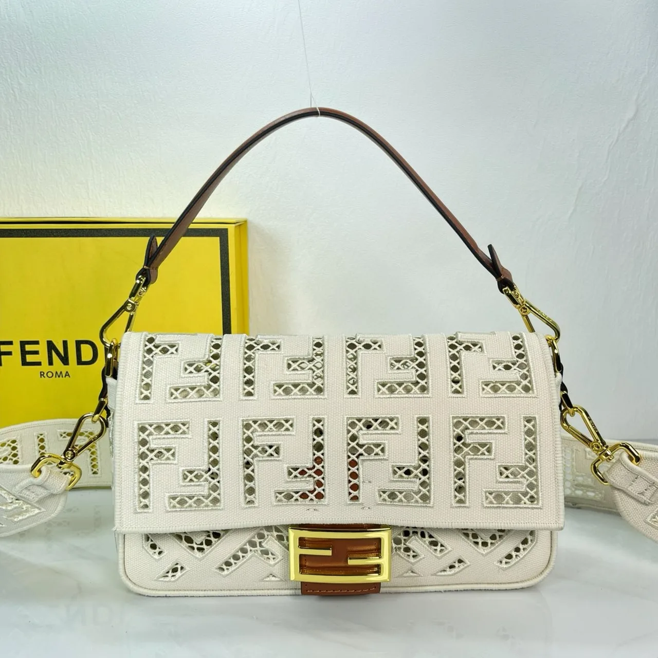 Fendi Canvas Cutout FF-Pattern Flap Shoulder Bag in White · view 1