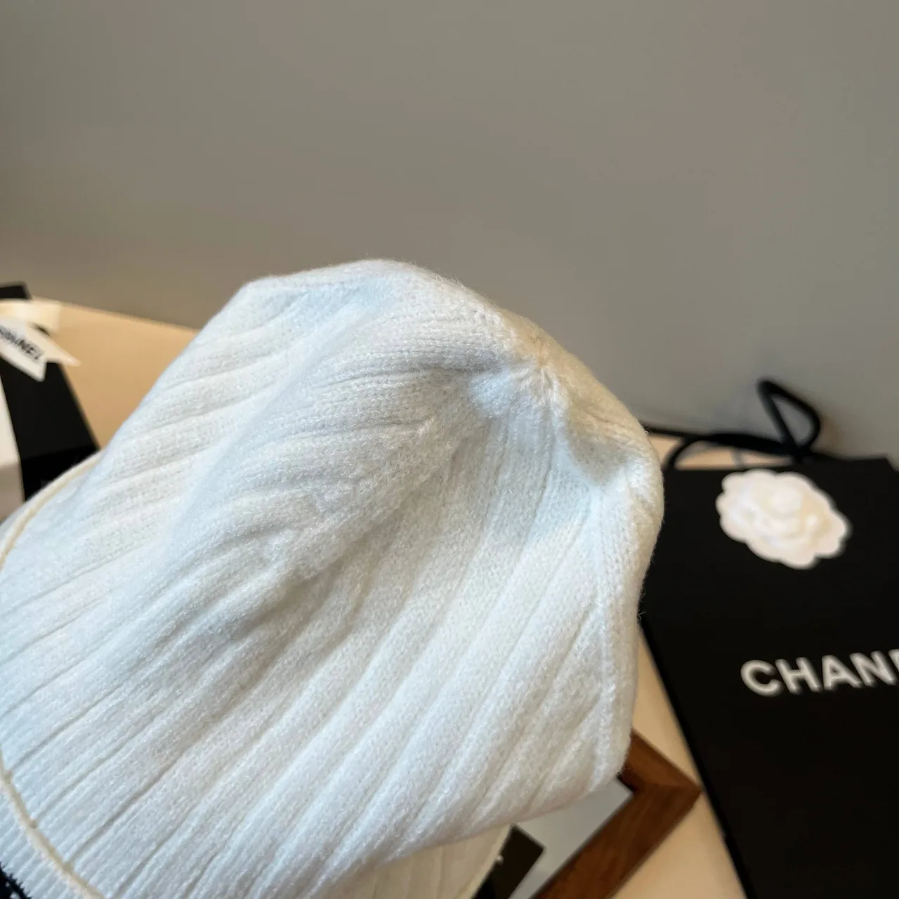 Chanel Ribbed Striped Beanie in White · view 8