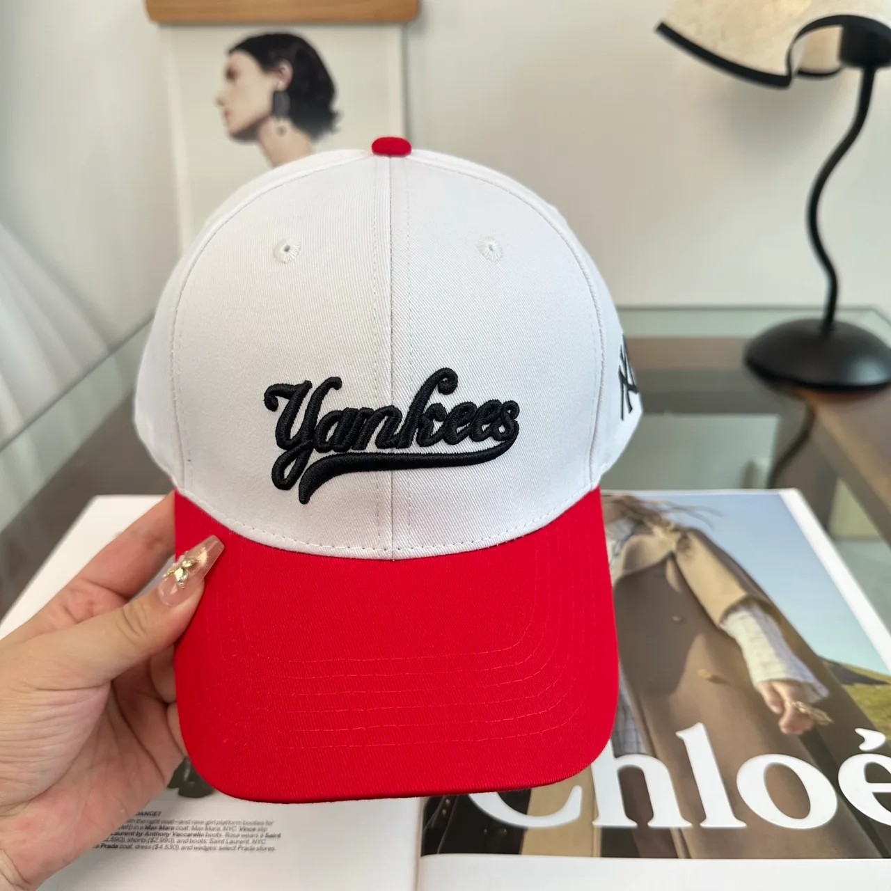 Yankees-Script Colorblock Baseball Cap in Grey & Blue & Brown & White · view 5