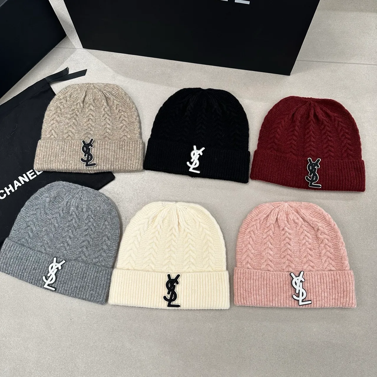 Saint Laurent Hat Scarf and Gloves Set in Black & Grey & Beige & White & Pink & Burgundy · view 7