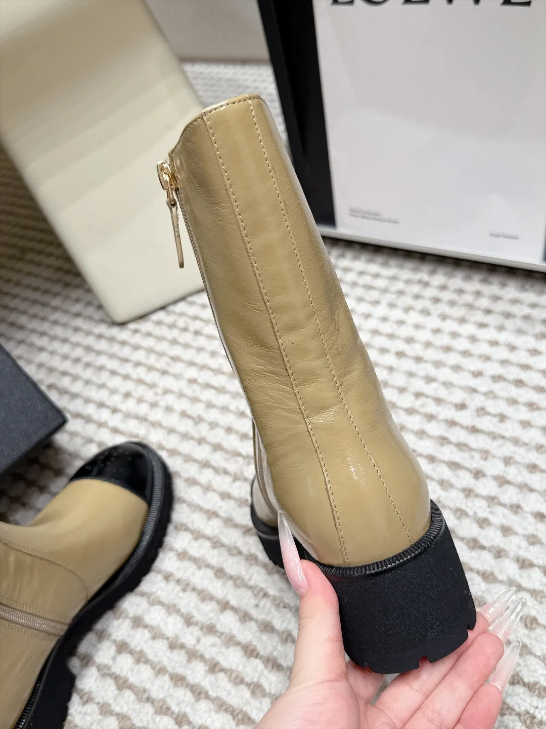 Loewe Cowhide Glossy Cap-Toe Ankle Boots in Tan · view 7