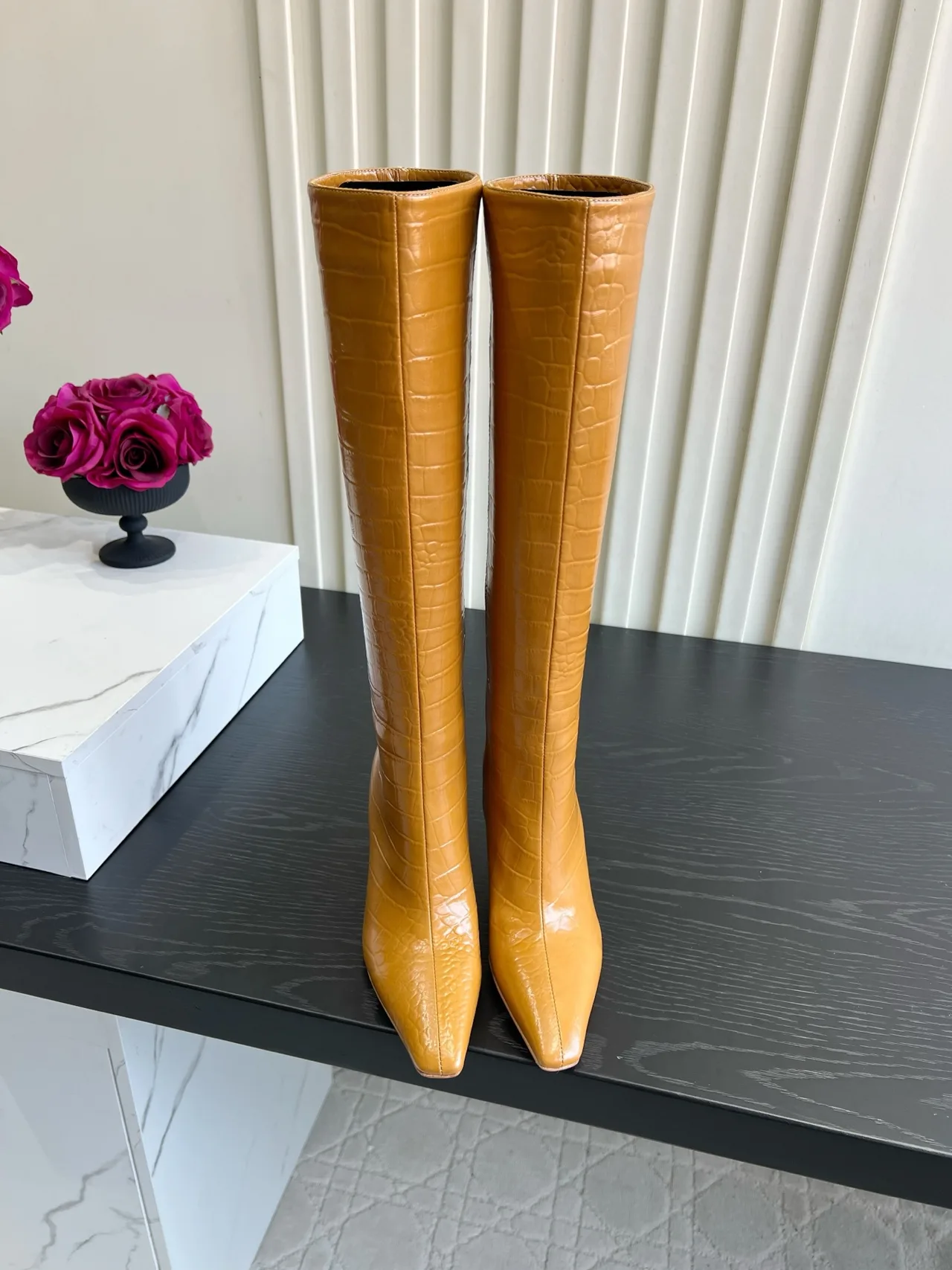 Amina Muaddi Cowhide Glossy Pointed-Toe Knee-High Boots in Tan · view 1