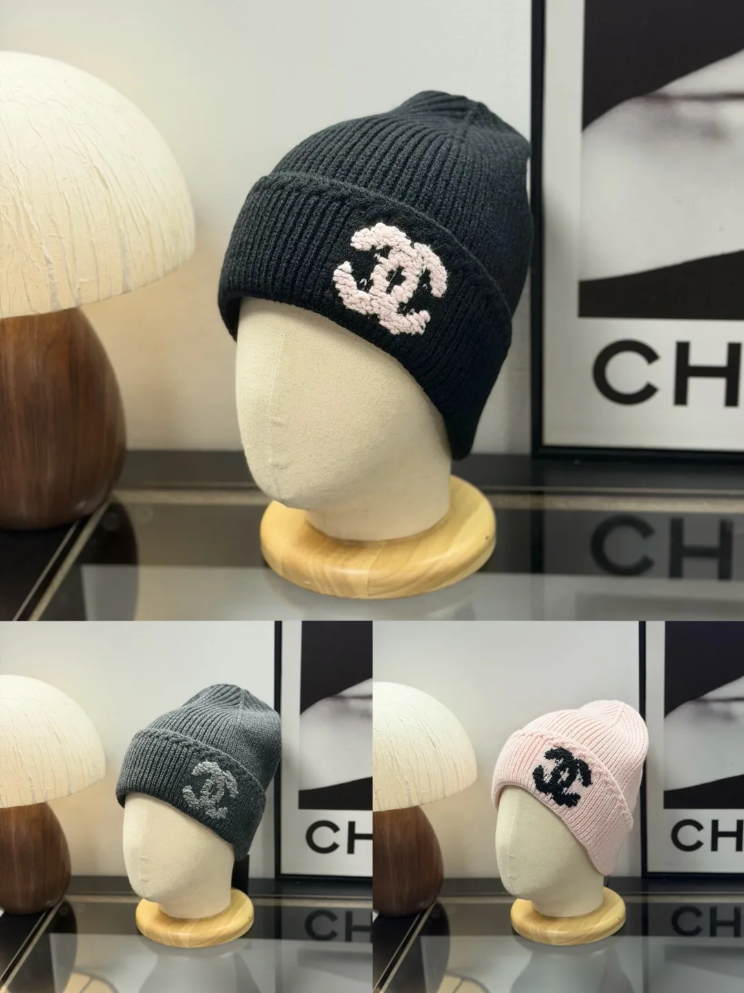Chanel CC Knit Beanie in Black & Grey & Pink · view 2