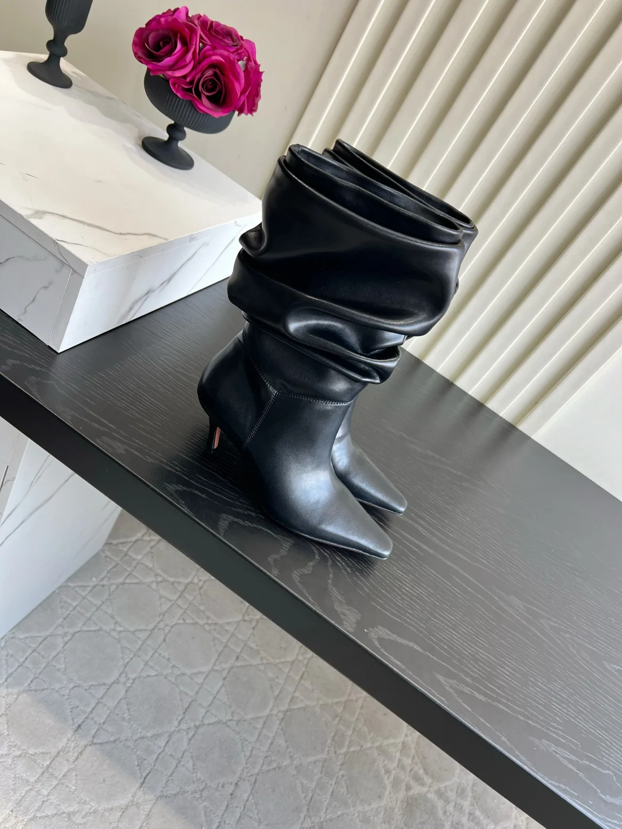 Amina Muaddi Cowhide Glossy Pointed-Toe Boots in Black · view 3