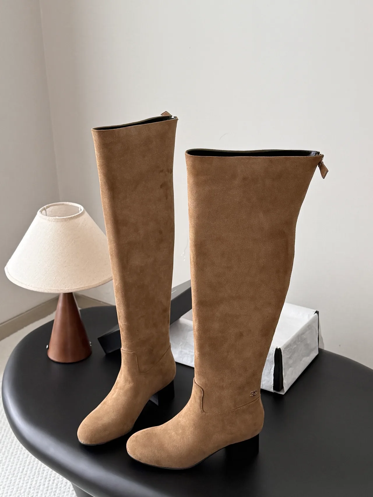 Chanel Sheepskin Matte Suede-Look Knee-High Boots in Tan · view 5