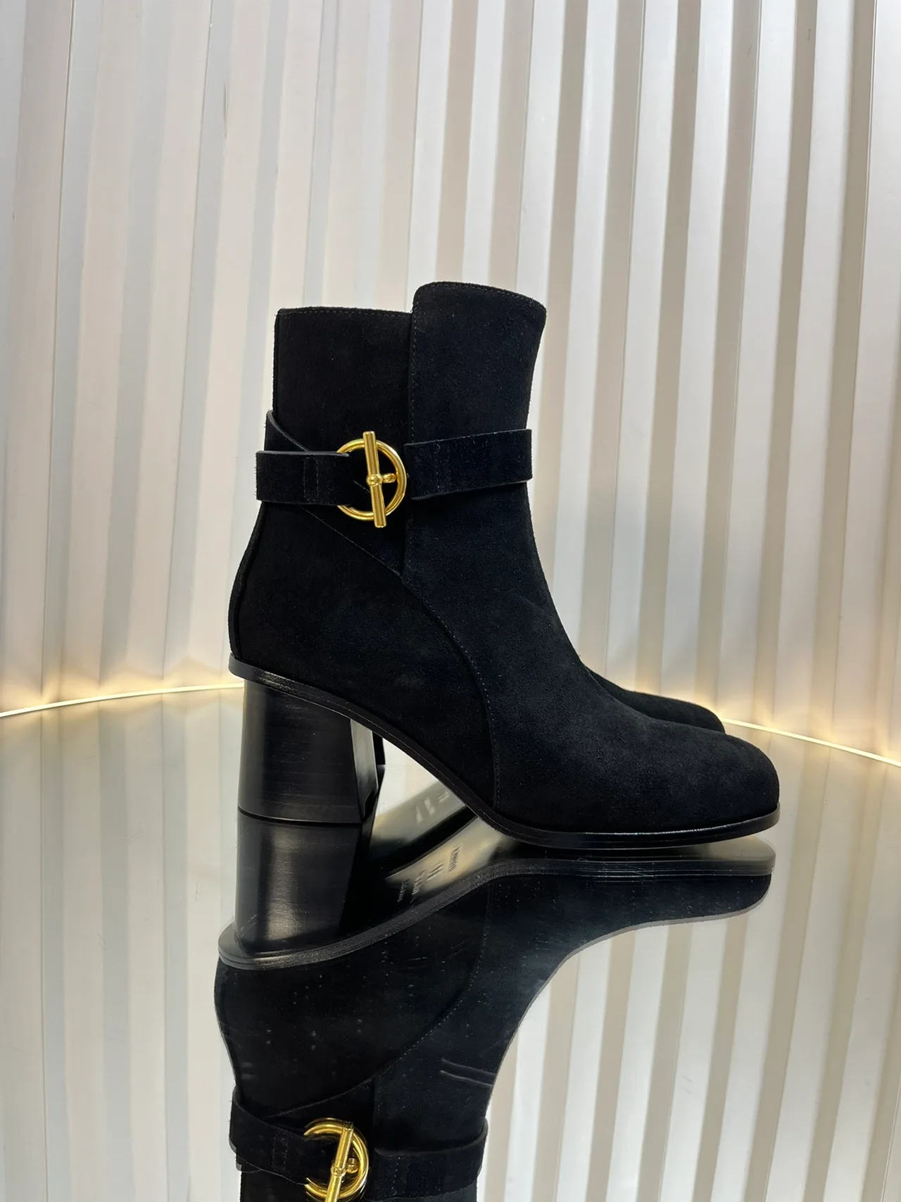 Calfskin D-Buckle Suede-Look Ankle Boots in Black · view 3