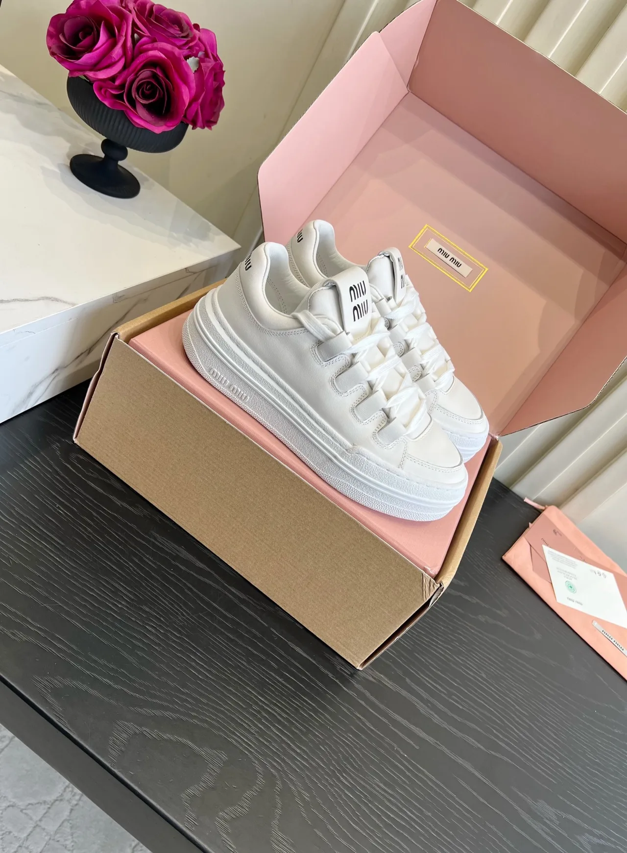 Miu Miu Cowhide Lace-Up Sneakers in White · view 3