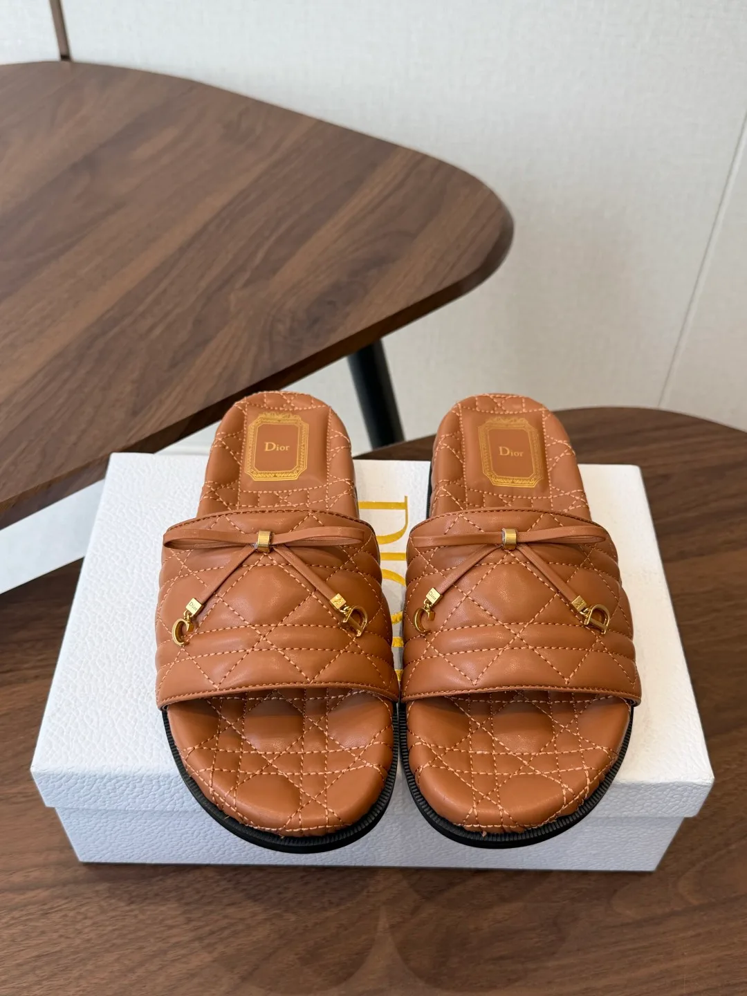 Dior Denim Quilted Slippers in Brown · view 1