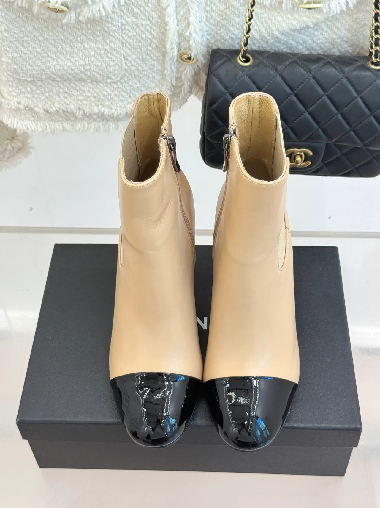 Chanel Lambskin Glossy Ankle Boots in Beige · view 4