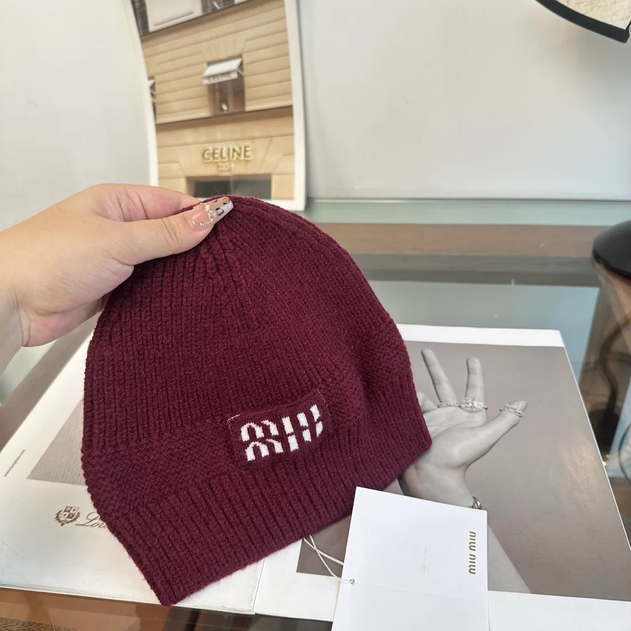 Miu Miu Beanie in Burgundy & Black & Grey & Tan & White · view 4
