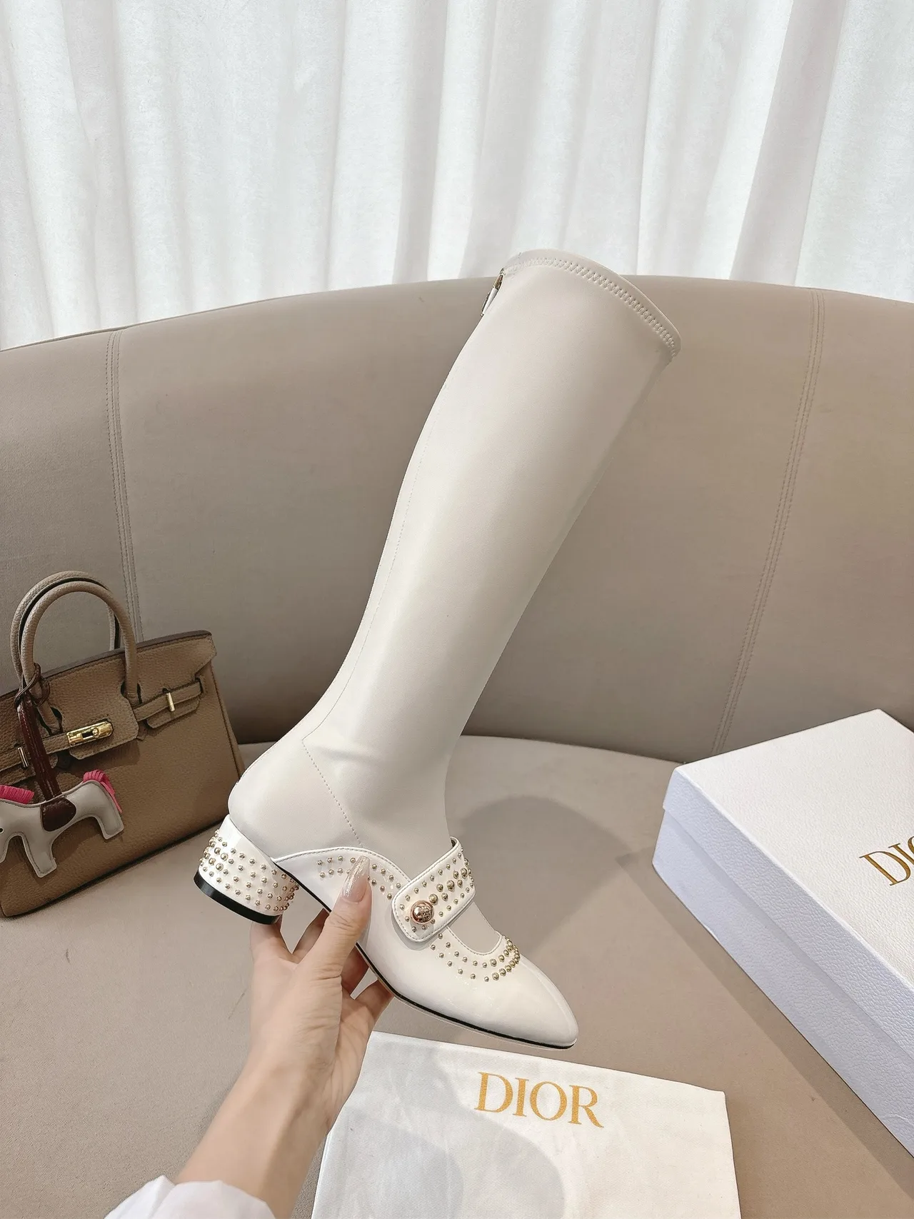 Dior Sheepskin Patent Leather Glossy Pointed-Toe Buckle Knee-High Boots in White · view 6