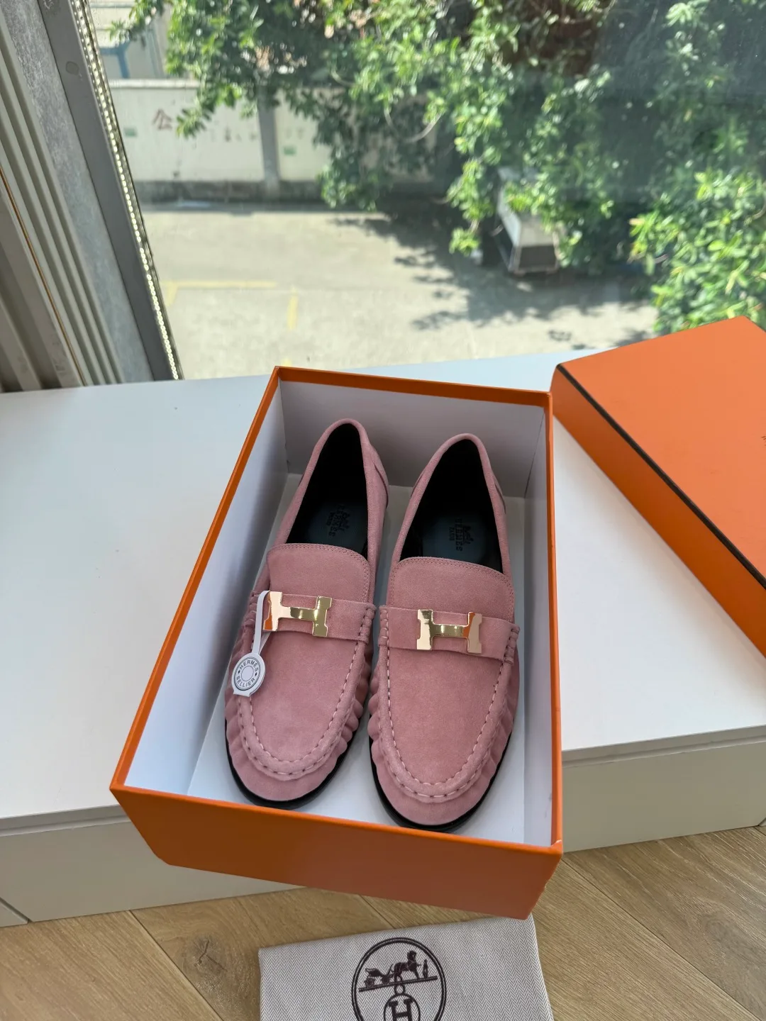 Hermes Calfskin Glossy Suede-Look Loafers in Pink · view 3
