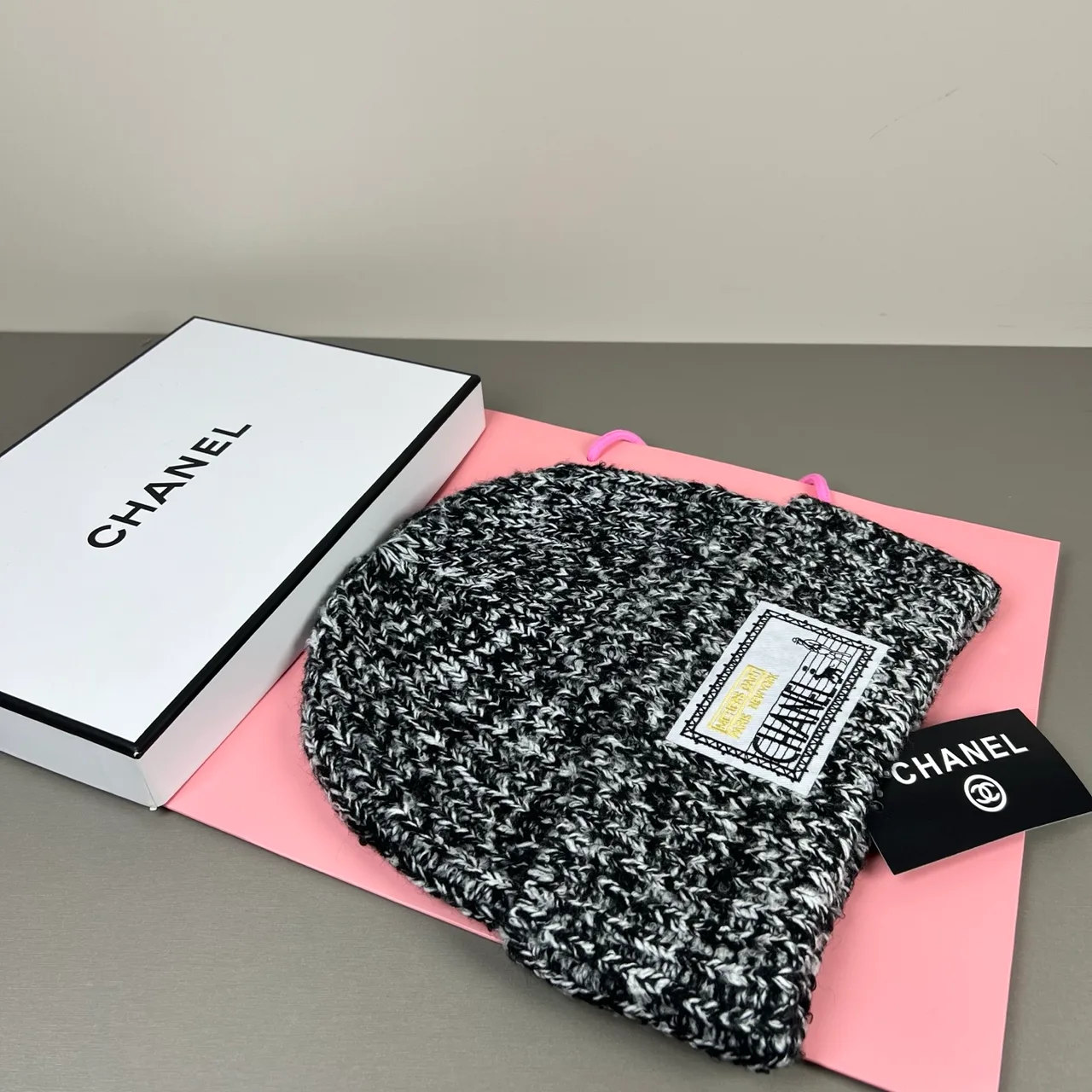 Chanel Flecked Knit Beanie in Burgundy & Grey & Cream & Black · view 7