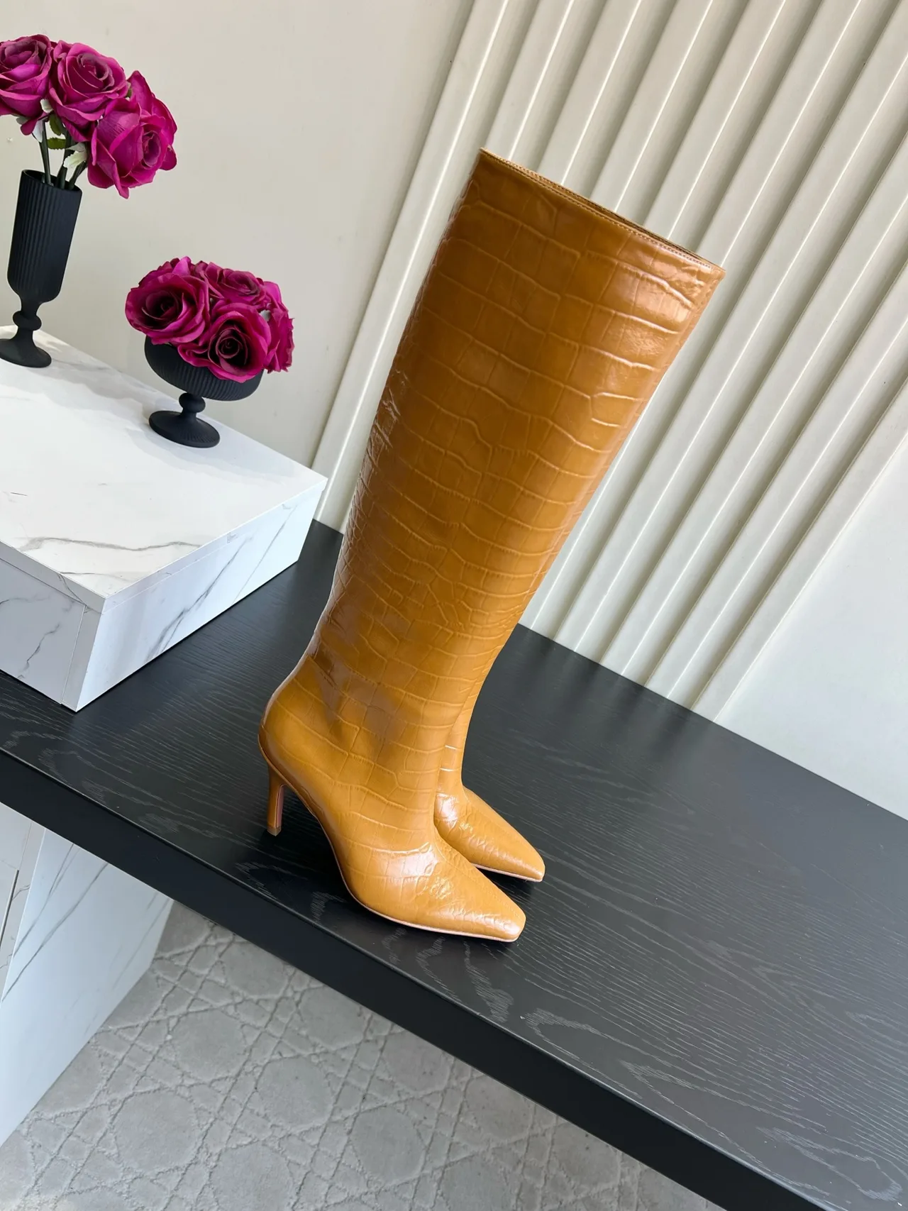 Amina Muaddi Cowhide Glossy Pointed-Toe Knee-High Boots in Tan · view 2