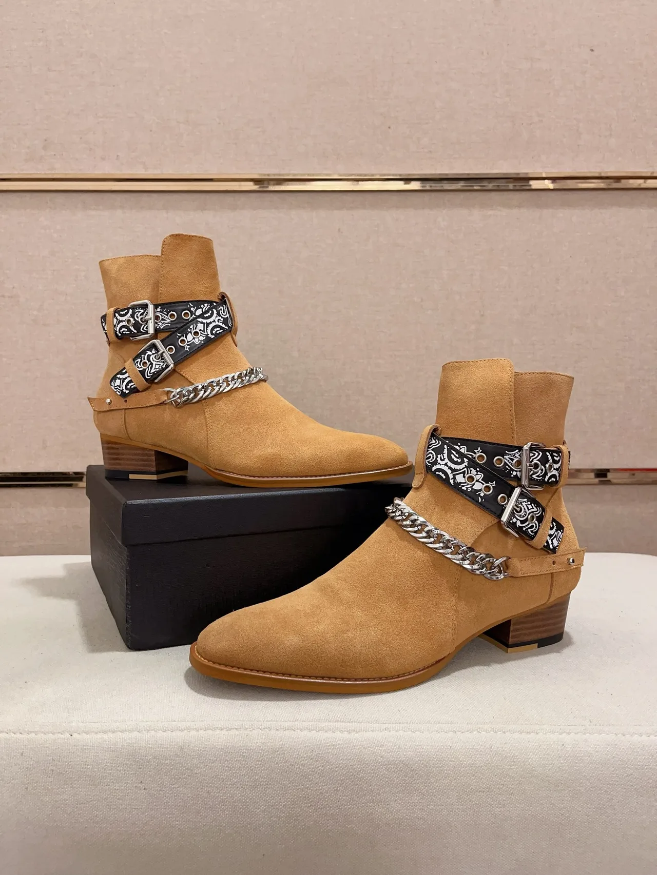 AMIRI Cowhide Suede-Look Pointed-Toe Bandana Strap Ankle Boots in Brown · view 6