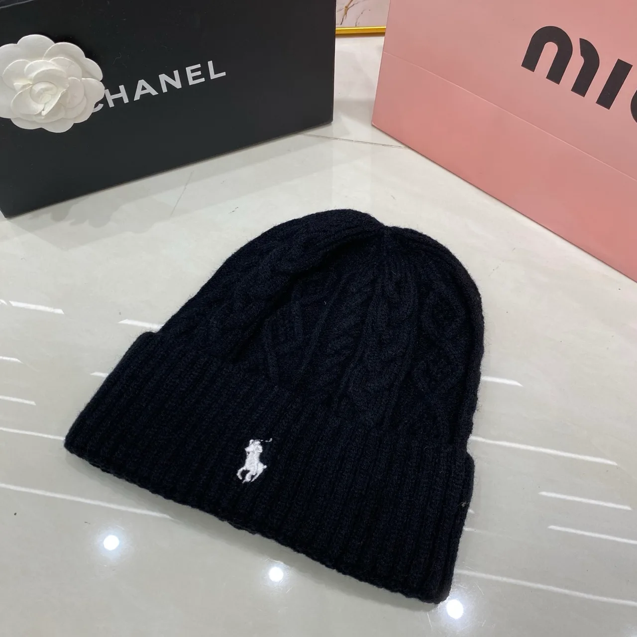 Ralph Lauren Cable-Knit Beanie in Black & White & Tan & Cream & Grey · view 1