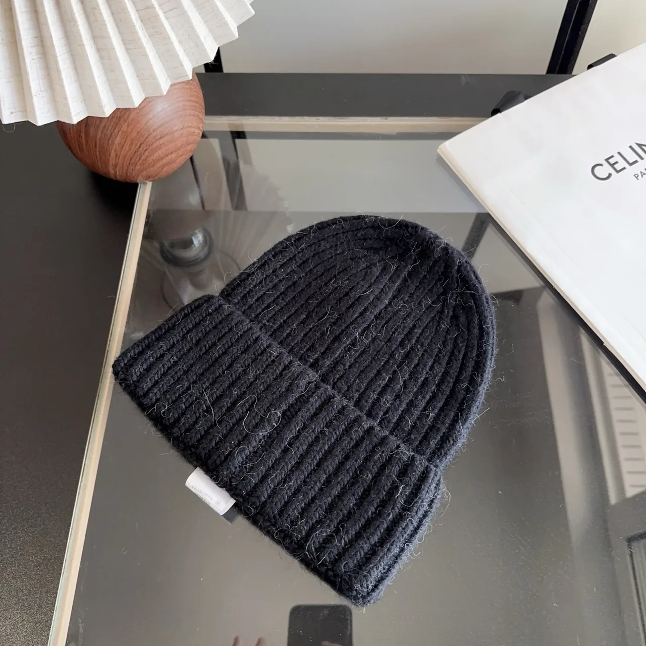 Celine Ribbed Beanie in Black · view 6