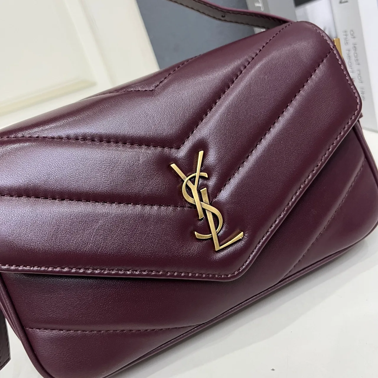 Saint Laurent Sheepskin Quilted Glossy Crossbody Bag in Burgundy · view 5