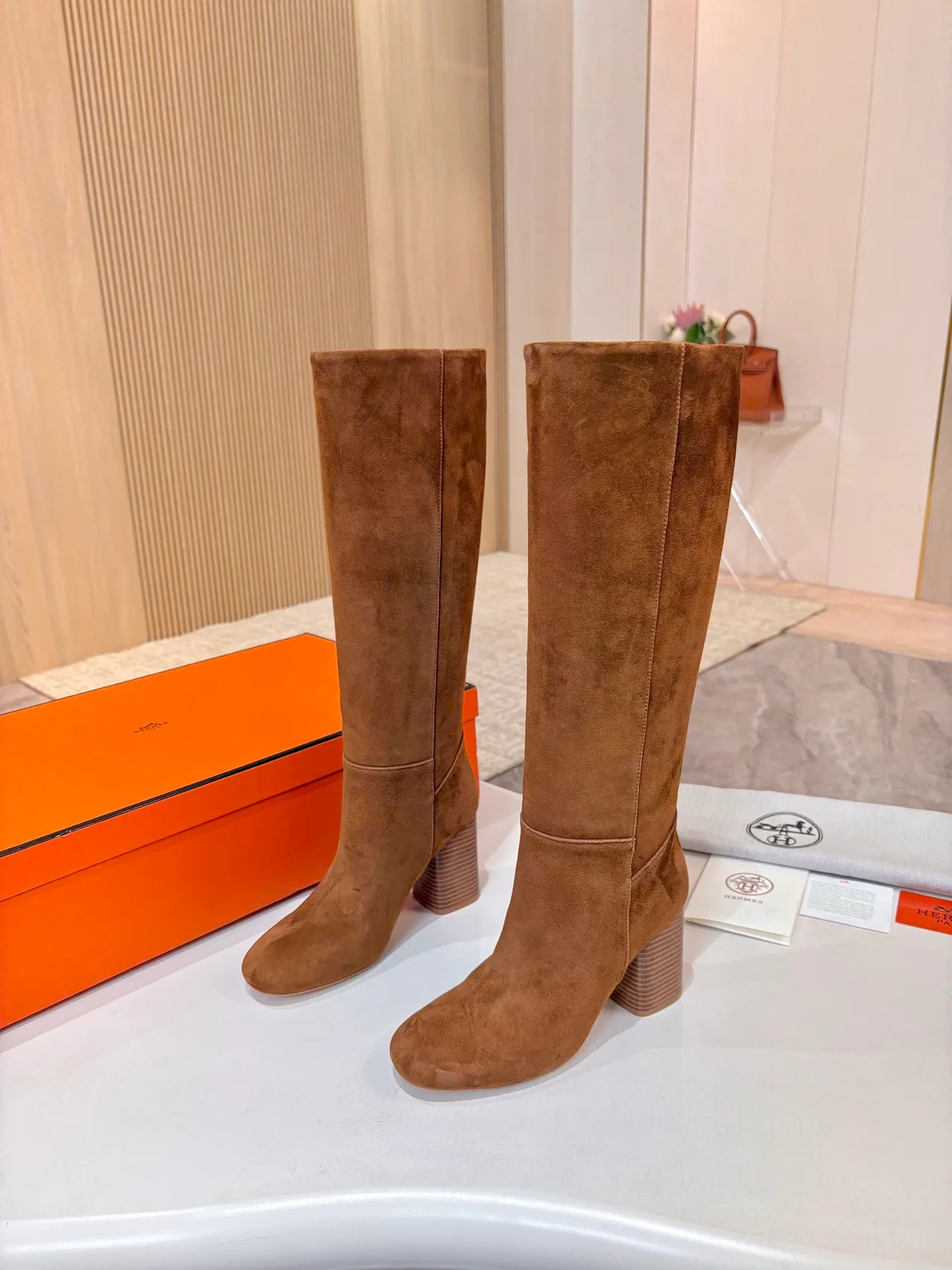 Hermes Suede-Look Round-Toe Knee-High Boots in Brown · view 6