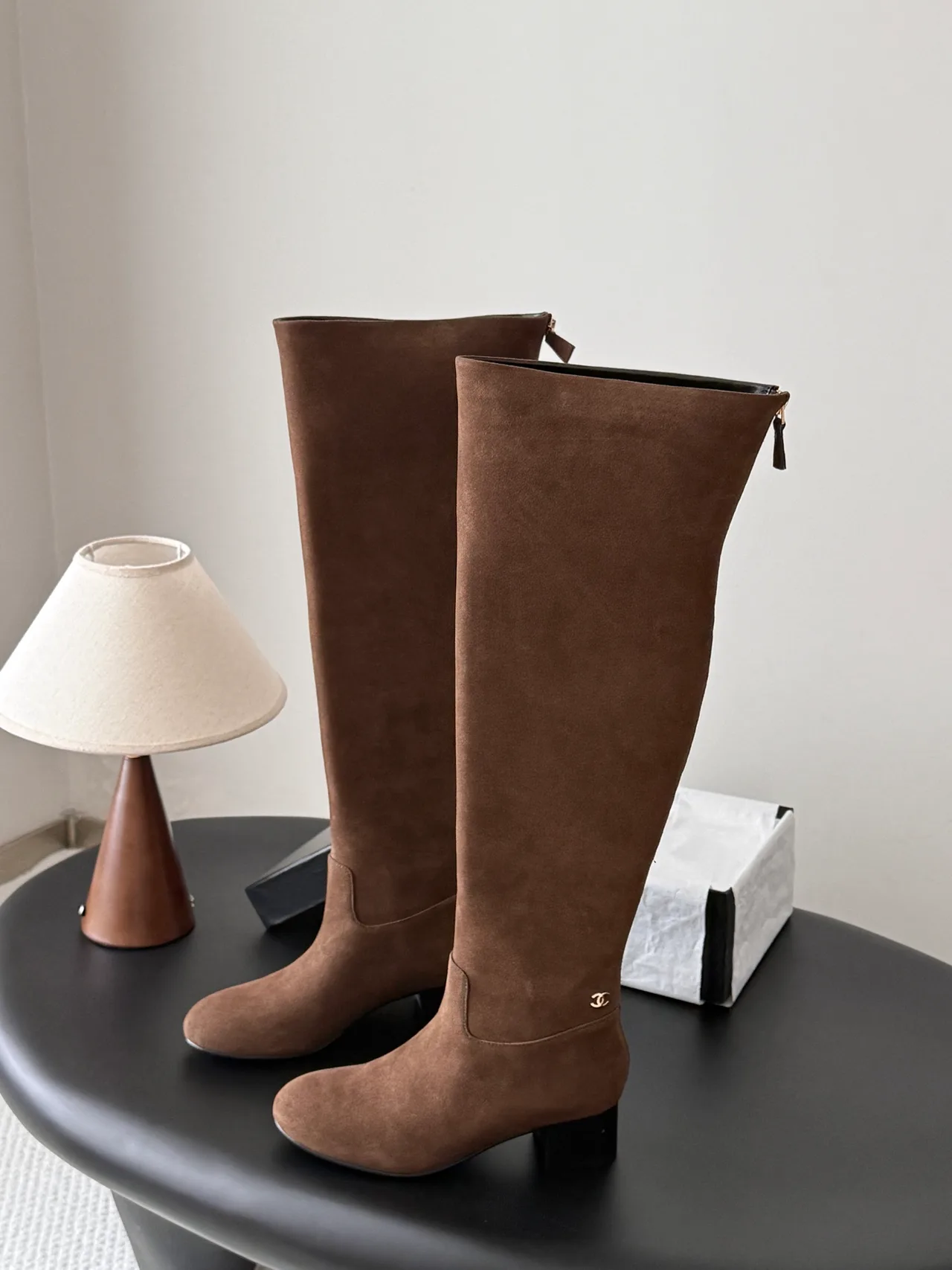 Chanel Sheepskin Glossy Suede-Look Pointed-Toe Knee-High Boots in Brown · view 2