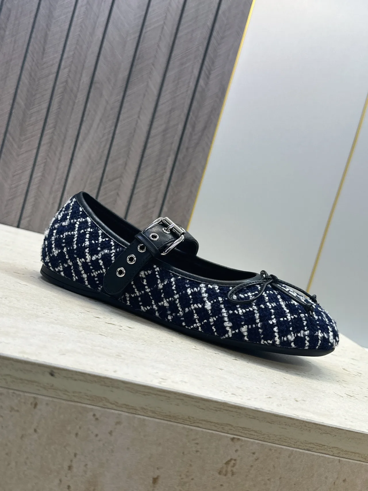 Miu Miu Calfskin Check Buckle Mary Jane Flats in Blue · view 6